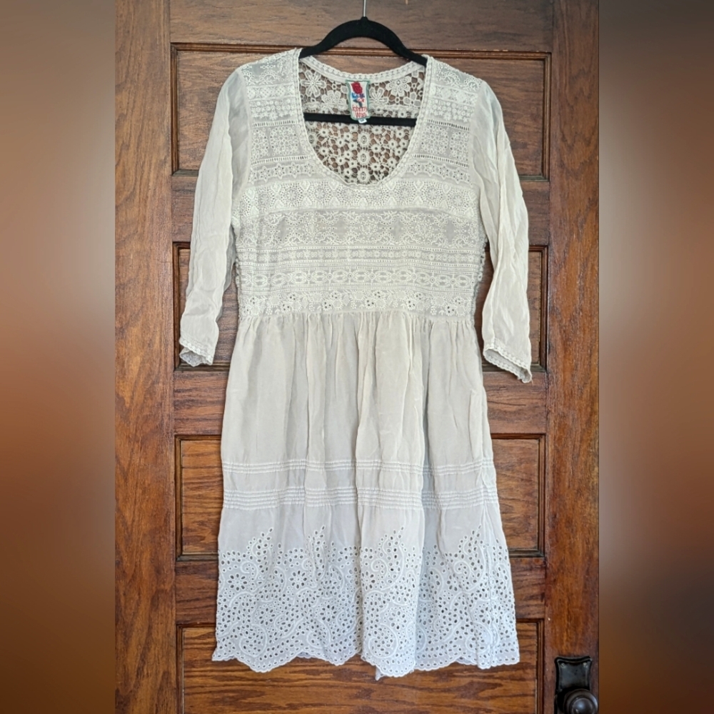 Johnny Was Dress Eyelet Lace 3/4 Sleeve